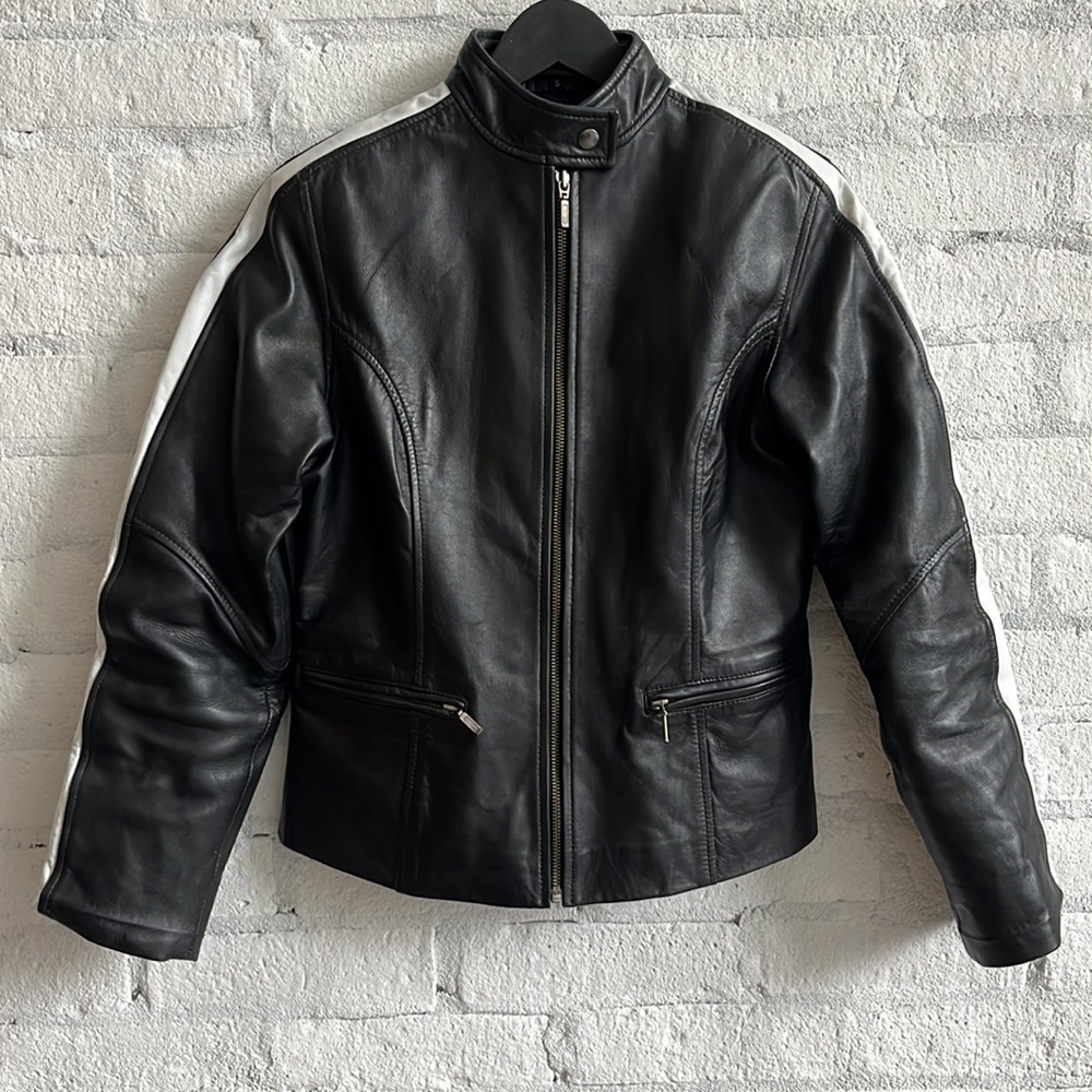 Vintage Leather Racing Style Jacket with White Stripe